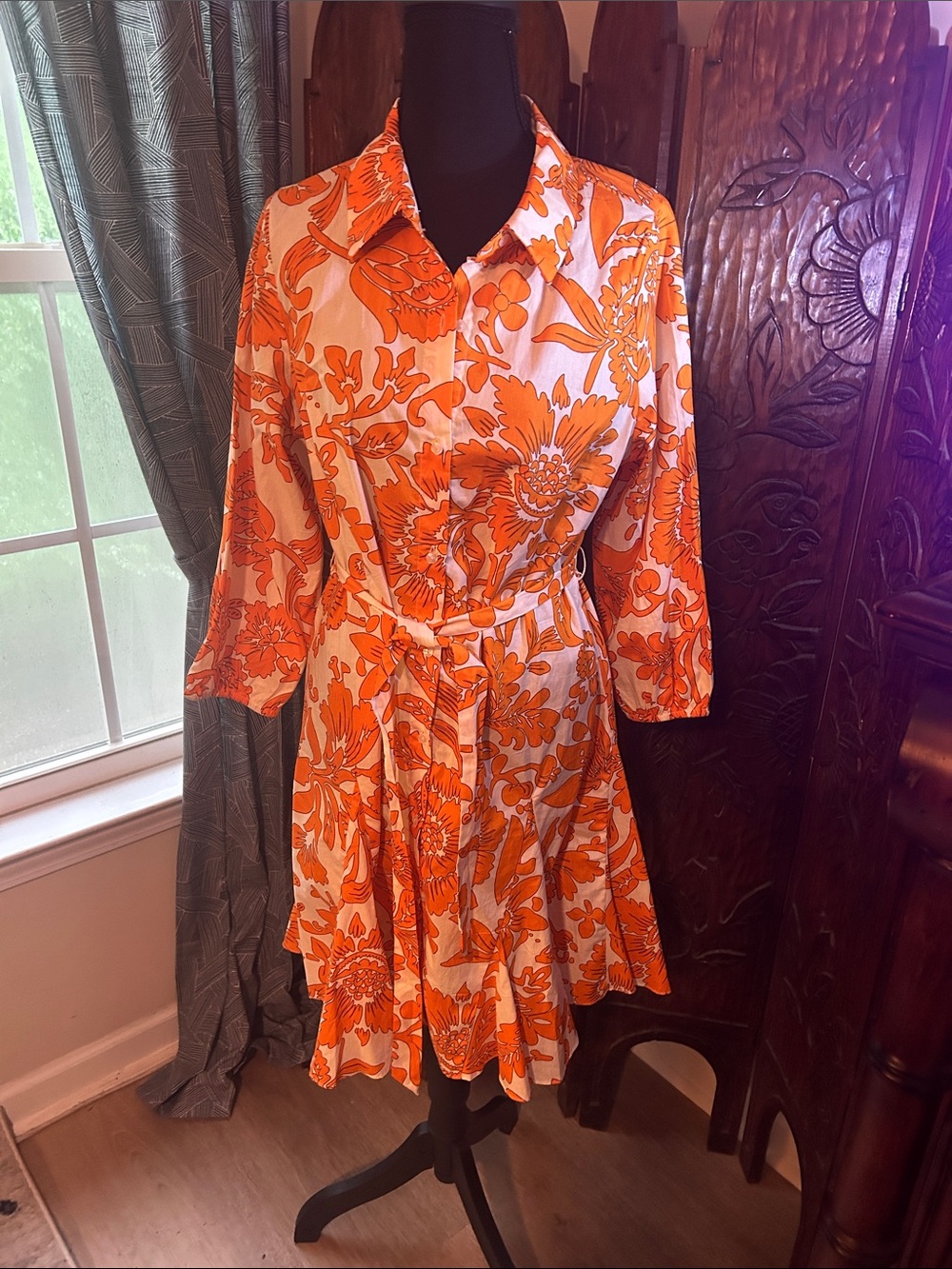 MSK Orange and White Floral Tie-Waist Mini Dress